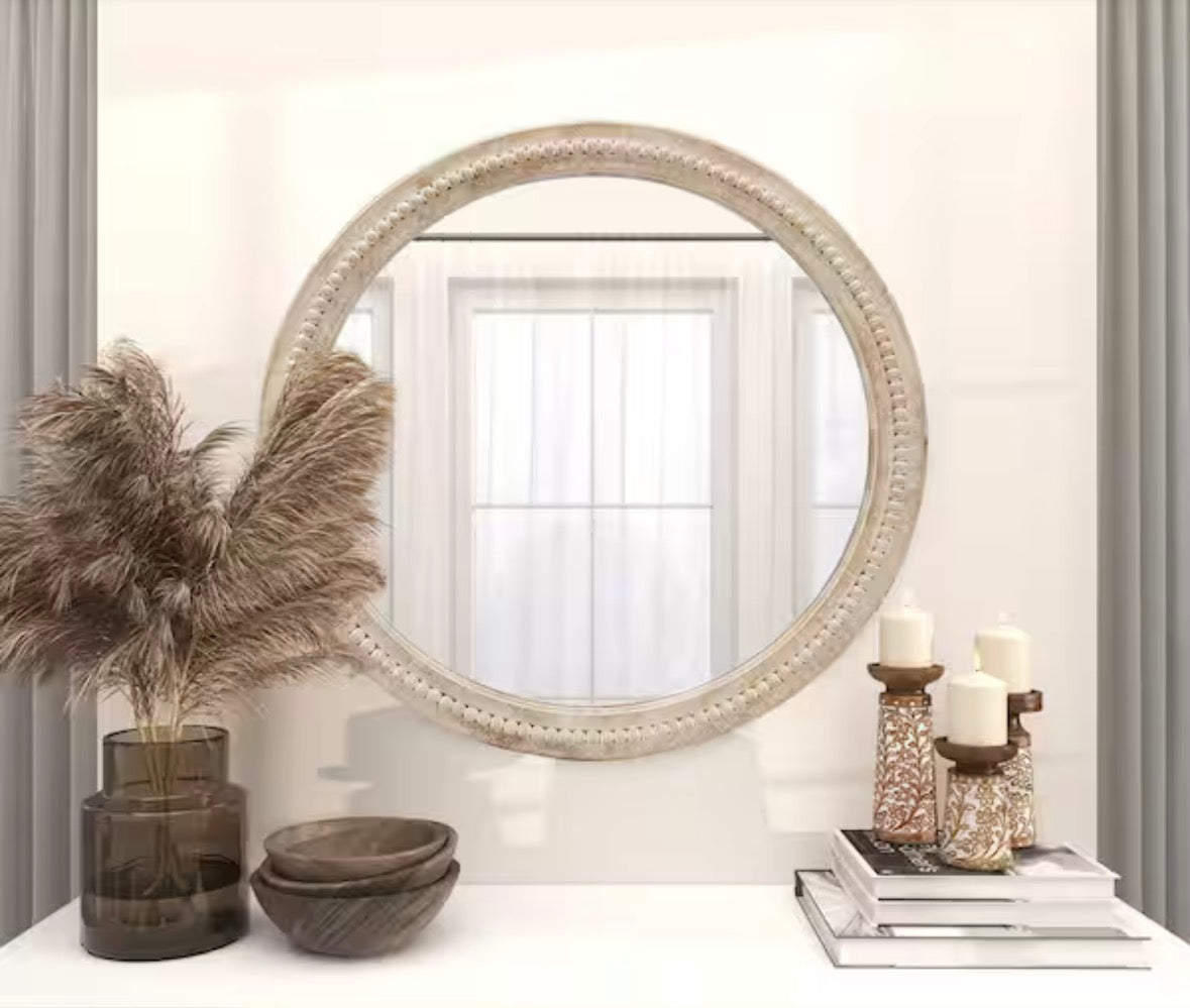 28 in. W x 28 in. H Bohemian Carved Beaded Round Wood Frame Wall Mirror Decorative Mirror