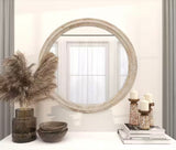 28 in. W x 28 in. H Bohemian Carved Beaded Round Wood Frame Wall Mirror Decorative Mirror