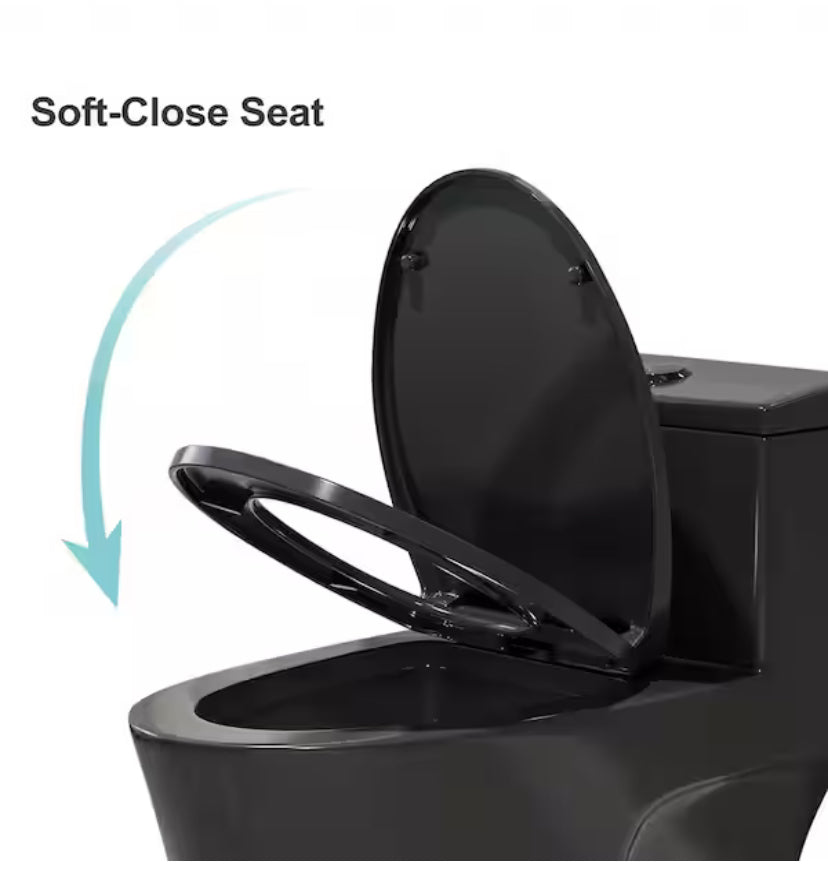 1-Piece 0.8/1.28 GPF Dual Flush Elongated Toilet in Black Seat Included