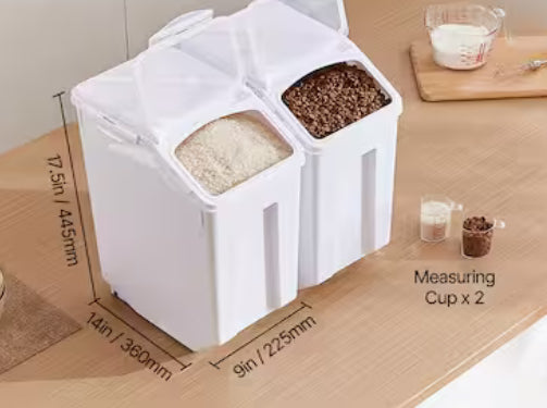 Rice Storage Container, 4.5 Gallon/20 L x 2 Capacity, Dog Food Dispenser, Airtight Lid, 2 Measuring Cups, Pet Food
