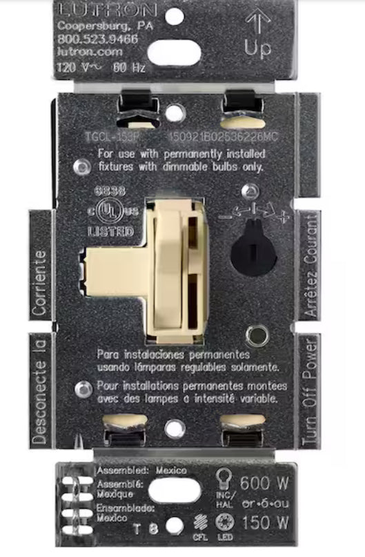 Toggler LED+ Dimmer Switch for Dimmable LED and Incandescent Bulbs, 150W LED/Single-Pole or 3-Way, Ivory (TGCL-153PH-IV)