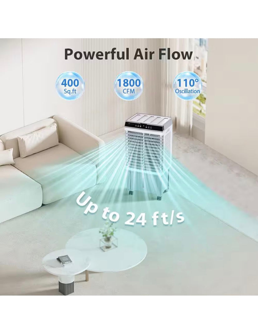 Portable Air Conditioner Fan with 3-Speed, 3 In 1 Swamp Cooler, 1800 CFM,Remote Control, 4-Ice Packs, Timer, 5.3 Gal.