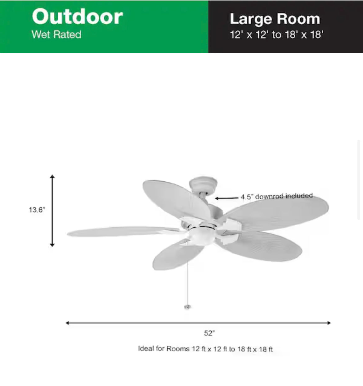 Lillycrest 52 in. Indoor/Outdoor Matte White Ceiling Fan with Downrod and Reversible Motor; Light Kit Adaptable