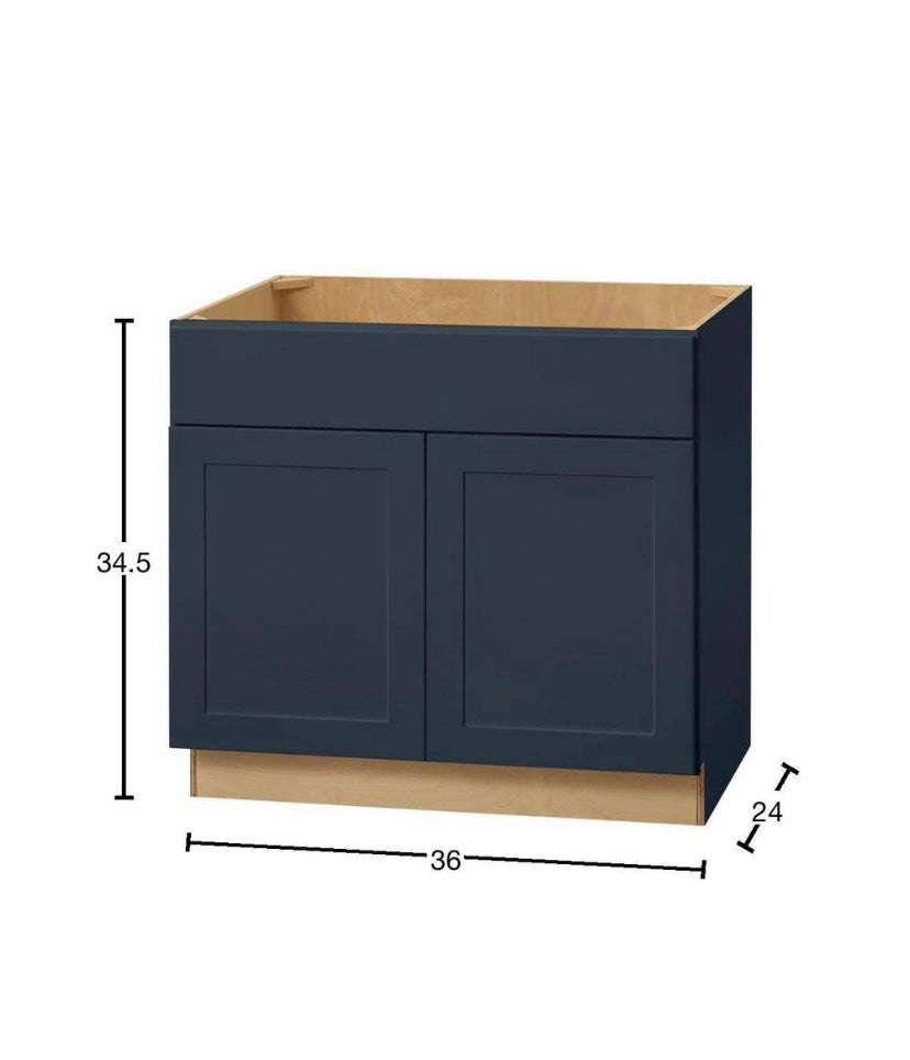 Avondale 36 in. W x 24 in. D x 34.5 in. H Ready to Assemble Plywood Shaker Sink Base Kitchen Cabinet in Ink Blue