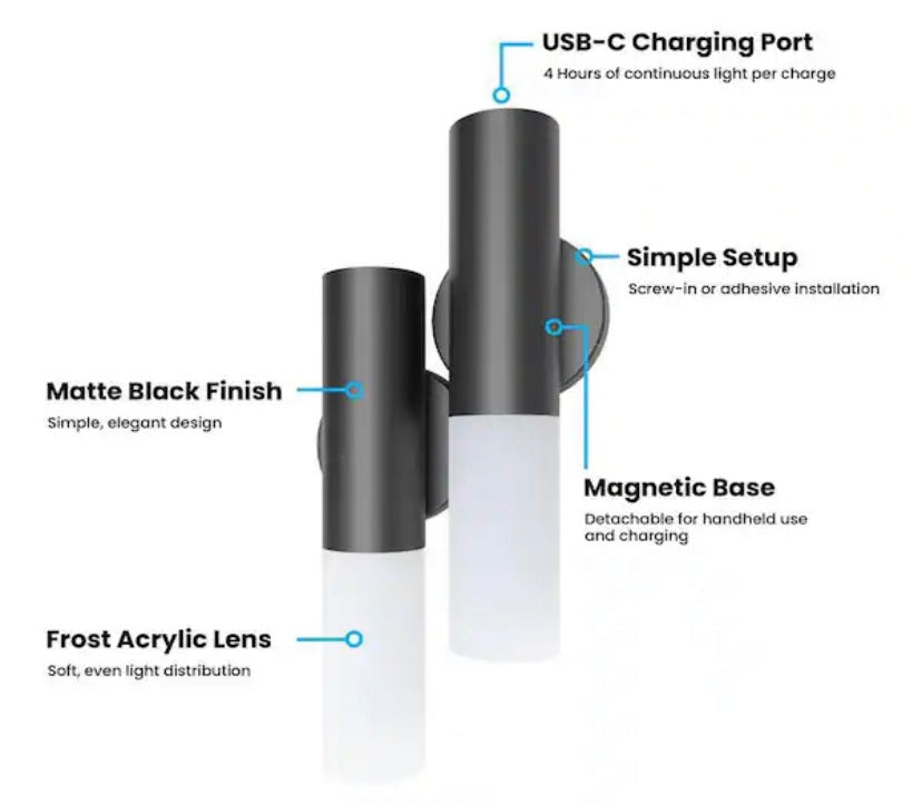 1-Light Matte Black Rechargeable Battery-Powered Portable Integrated LED Wall Sconce Set (2 Pack)