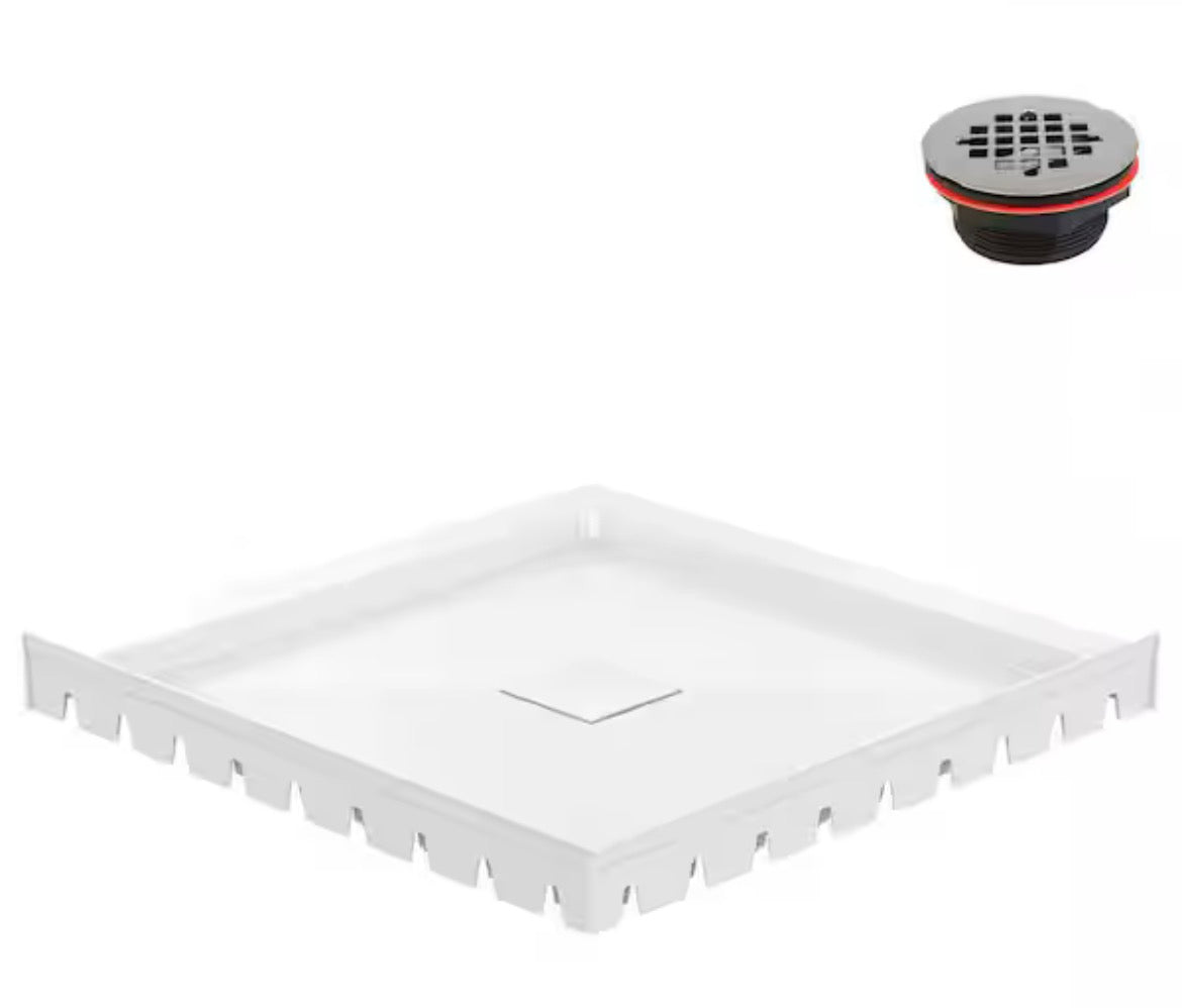 DT-2239-118 34 in. L x 34 in. W Corner PP Shower Pan Base in Glossy White With Center Drain, Drain Included