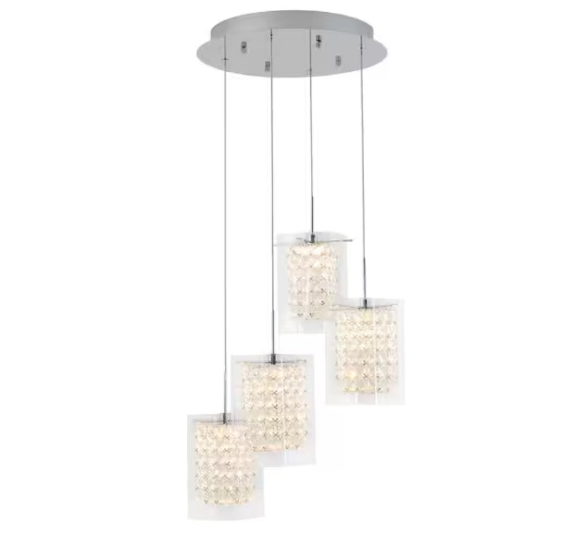 Crystal Cube 17-Watt 4 Light Chrome Modern Integrated LED Pendant Light Fixture for Dining Room or Kitchen