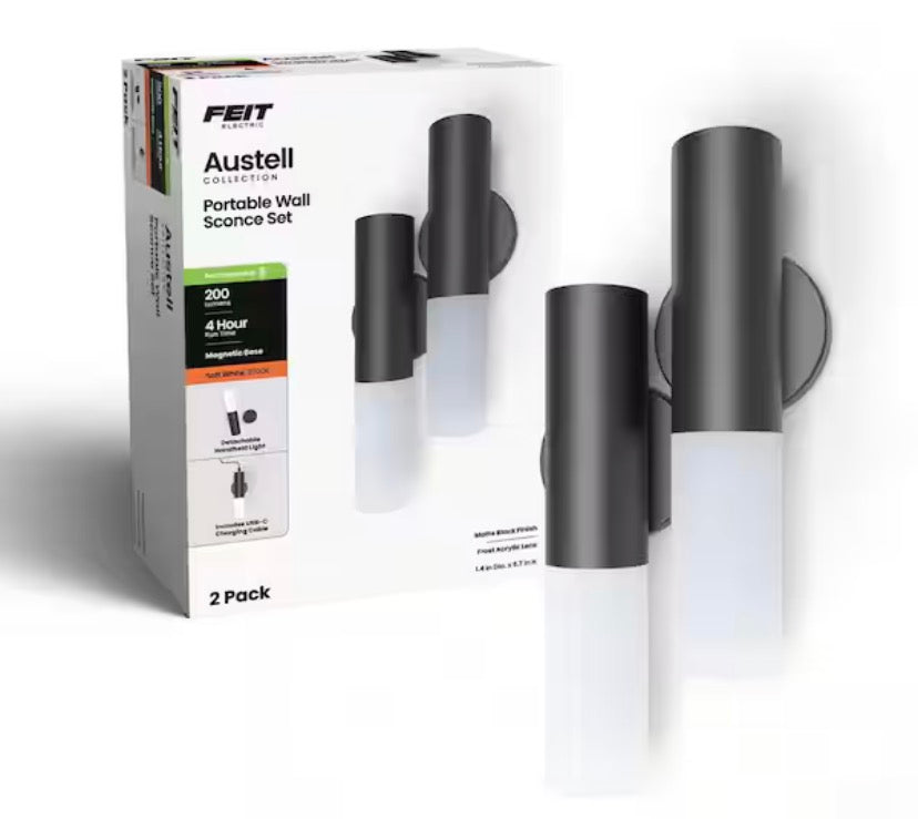 1-Light Matte Black Rechargeable Battery-Powered Portable Integrated LED Wall Sconce Set (2 Pack)