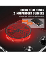 Electric Cooktop, 12 in. 2 Burners Built-in Electric Stove Top, 3000 W Ceramic Top Radiant Cooktop, with Glass Panel