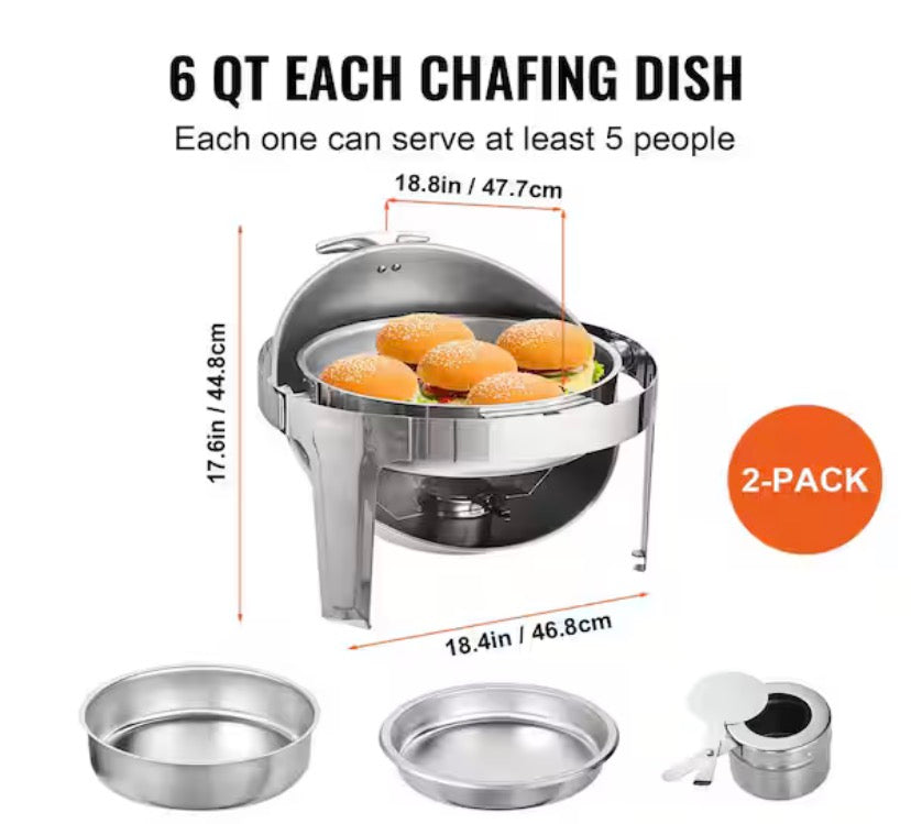 6 Qt. Roll Top Chafing Dish Set, 2-Pack, Stainless Steel Chafer, Full-Size Pans, Catering Warmer, Lid, Fuel Holder