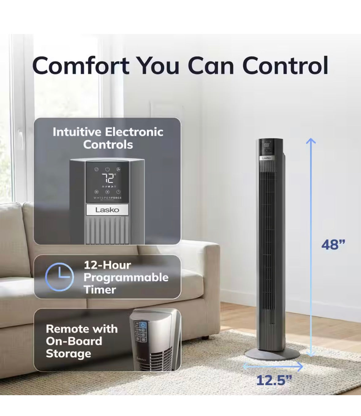 48 in. 12-Speed Oscillating Tower Fan in Gray, Quiet Operation, DC Motor, Remote Control and 12-Hour Timer, 12 in. Dia