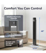 48 in. 12-Speed Oscillating Tower Fan in Gray, Quiet Operation, DC Motor, Remote Control and 12-Hour Timer, 12 in. Dia