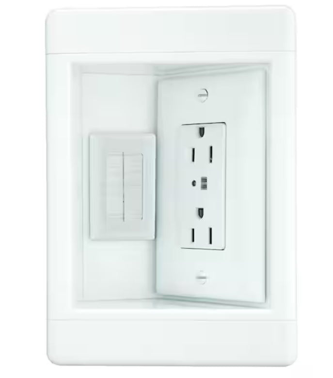 Pass & Seymour 1 Gang Recessed TV Media Box Kit with Surge Suppressing Outlet and Low Voltage Inserts, White