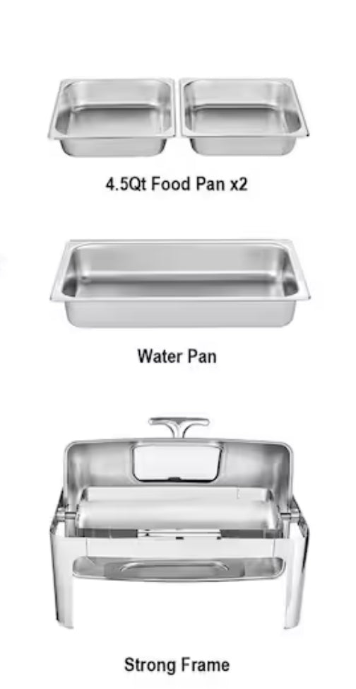 9 qt. Roll Top Chafing Dish Buffet Set Stainless Steel Chafer with 2 Half Size Pans Rectangle Catering Warmer Server