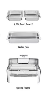 9 qt. Roll Top Chafing Dish Buffet Set Stainless Steel Chafer with 2 Half Size Pans Rectangle Catering Warmer Server