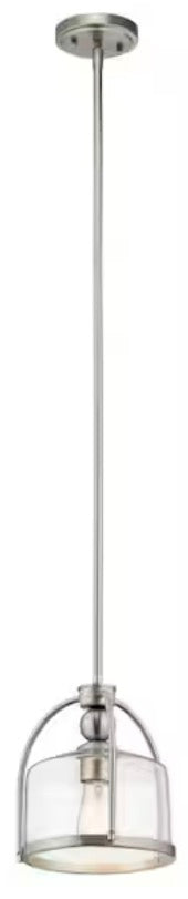 1-Light Brushed Nickel Transitional Shaded Kitchen Mini Pendant Hanging Light with Clear Glass