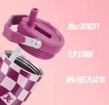 Flip & Sip 30 oz. Pink Wavy Check Stainless Steel Screw Top Tumbler with Flip Straw and Carry Handle