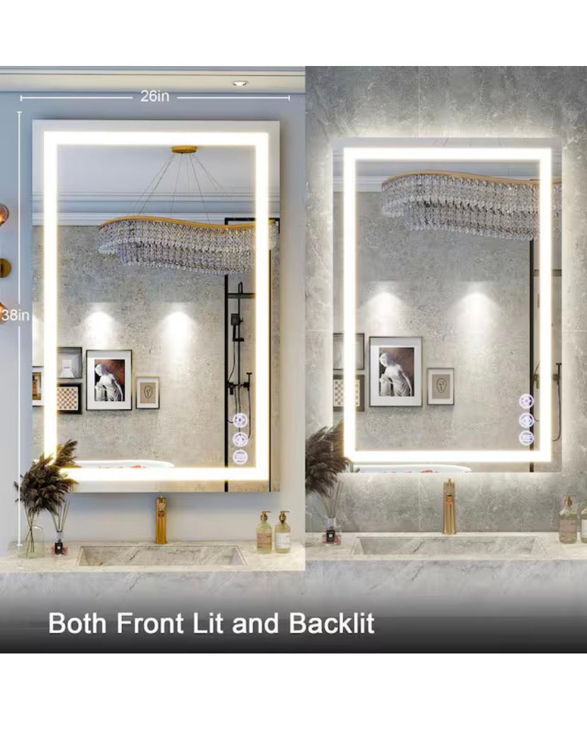 26 in. W x 38 in. H LED Light Anti-Fog Rectangular Modern Frameless White Wall Mirror