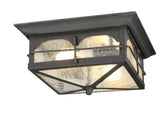 Brimfield 11 in. 2 Light Aged Iron Outdoor Weather Resistant Flush Mount Ceiling Light with Clear Seedy Glass Shade