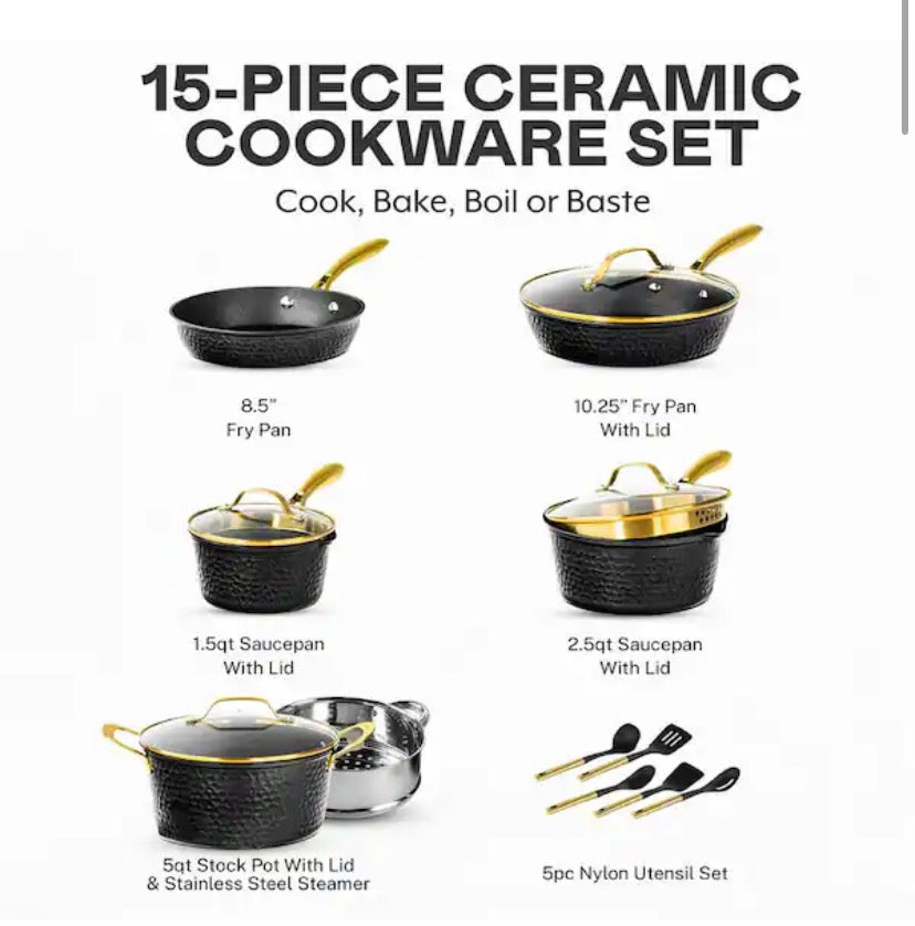 Charleston Collection 15-Piece Aluminum Hammered Ceramic Coating Nonstick Cookware Set with Utensils in Black