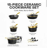 Charleston Collection 15-Piece Aluminum Hammered Ceramic Coating Nonstick Cookware Set with Utensils in Black