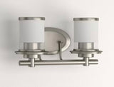 Truitt 14.2 in. 2-Light Brushed Nickel Modern Transitional Vanity with Frosted and Clear Edge Glass Shades