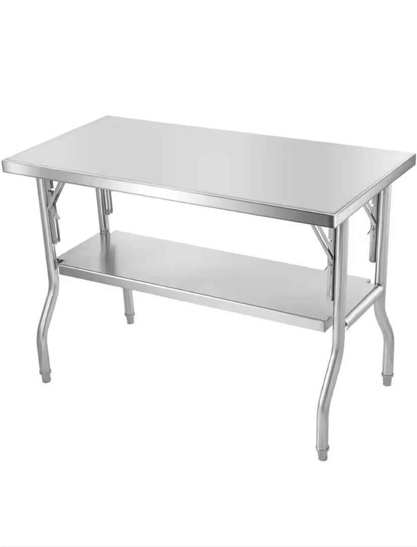 Folding Commercial Prep Table, 48 x 24 In. Heavy-Duty Stainless Steel Kitchen Prep Table with Undershelf, 300 lbs.