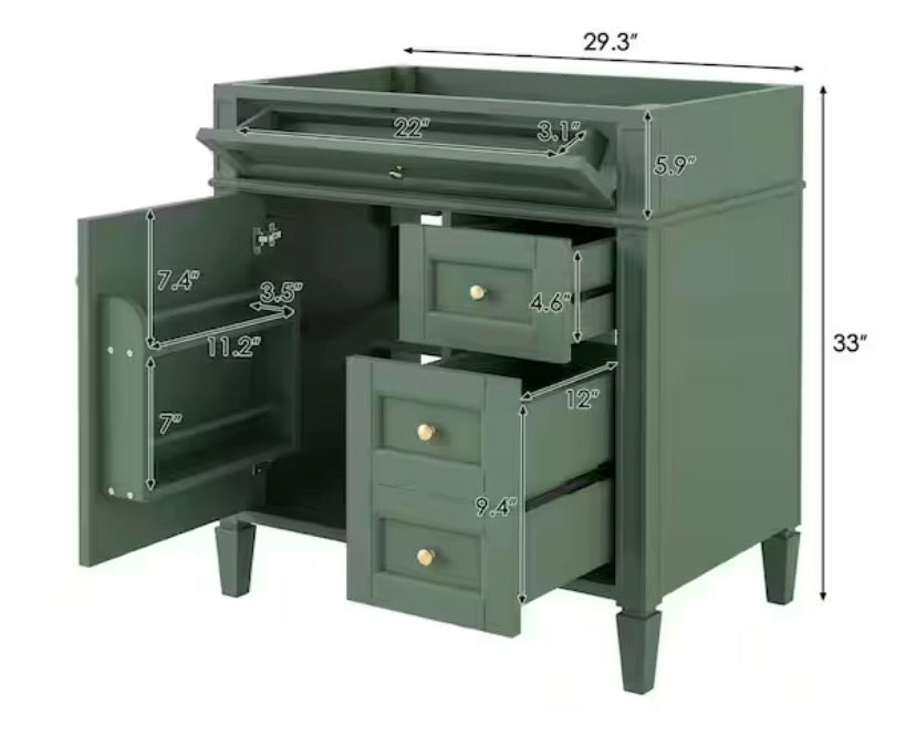 29.3 in. W x 17.87 in. D x 33 in. H Bath Vanity Cabinet without Top in Green with a Tip-out Drawer and 2 Drawers