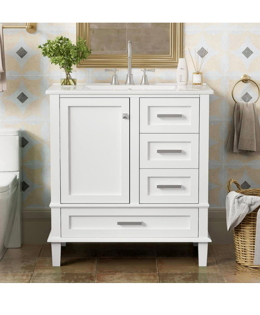 30 in. W x 18.3 in. D x 34 in. H Single Sink Freestanding Bath Vanity in White with White Ceramic Top