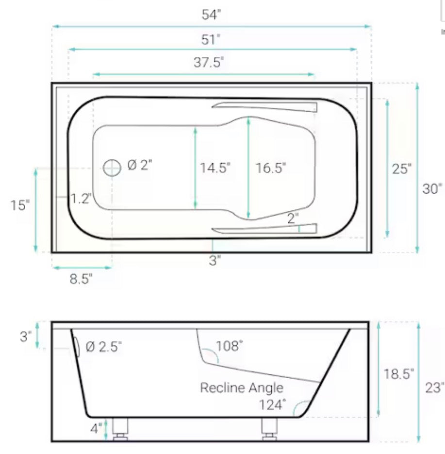 Voltaire 54 in. x 30 in. Acrylic White, Alcove, Integral Armrest, Left-Hand Drain, Apron Rectangular Bathtub in White