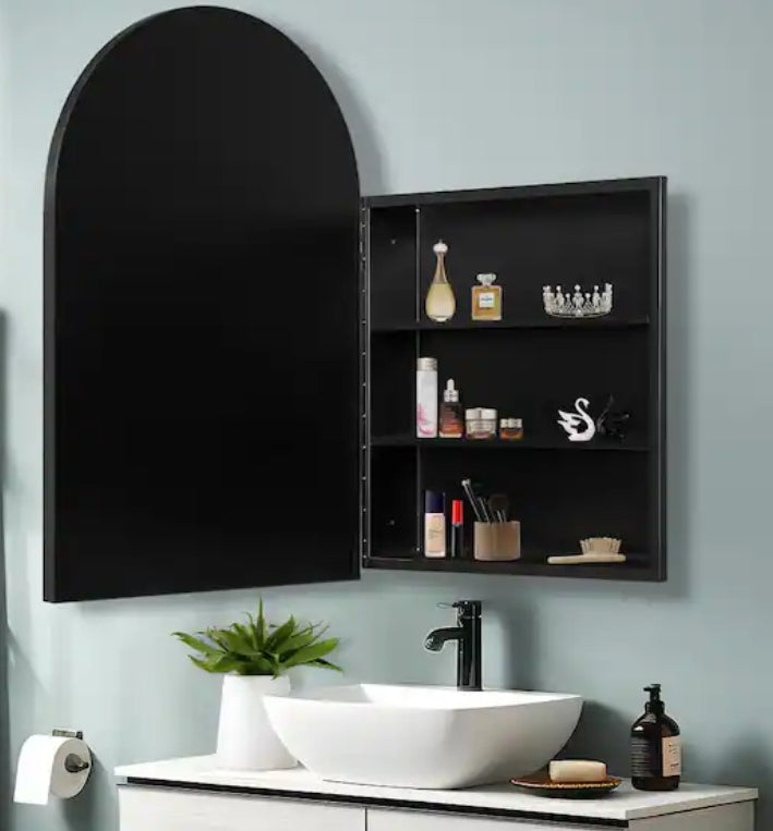 24 in. W x 36 in. H Arched Recessed/Surface Mount Medicine Cabinet with Mirror in Black