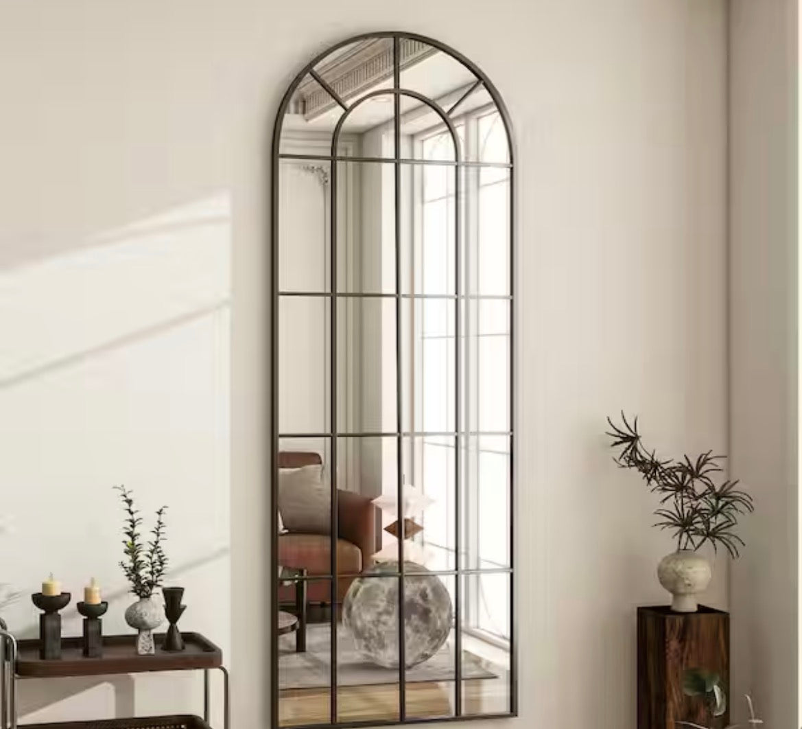24 in. W x 65 in. H Modern Arched Metal Framed with Grids Black Full Length Wall Mirror