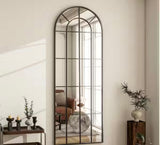 24 in. W x 65 in. H Modern Arched Metal Framed with Grids Black Full Length Wall Mirror