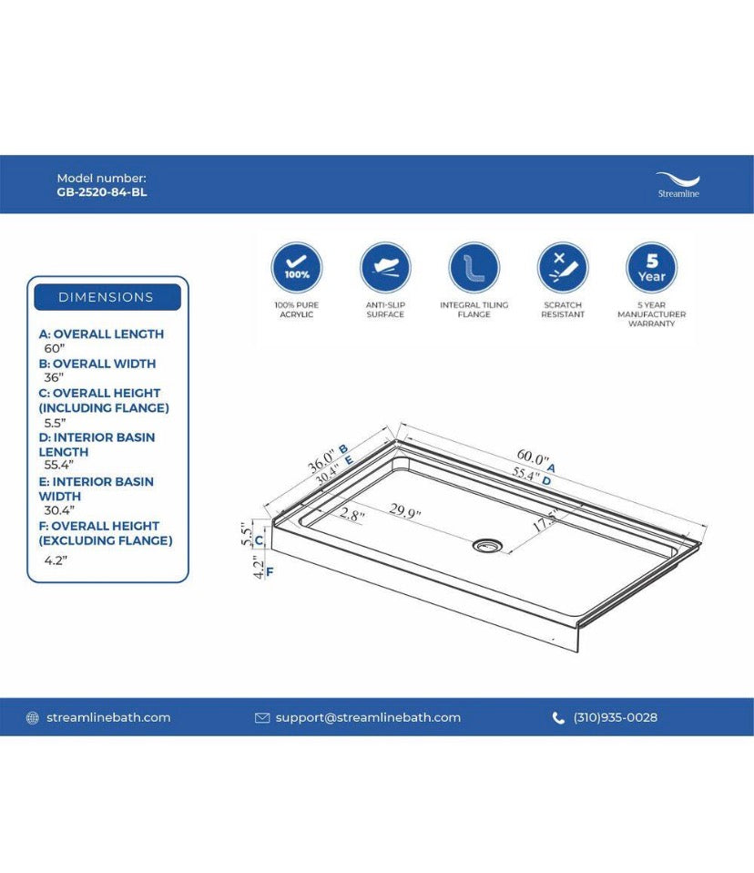 GB-2520-84-BL 60 in. x 36 in. Alcove Acrylic Shower Pan Base in Glossy Black with Center Drain, Drain Included