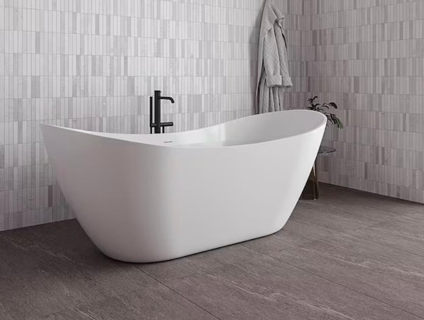 71 in. x 32 in. Acrylic Freestanding Soaking Bathtub in Glossy White with Matte Black Drain