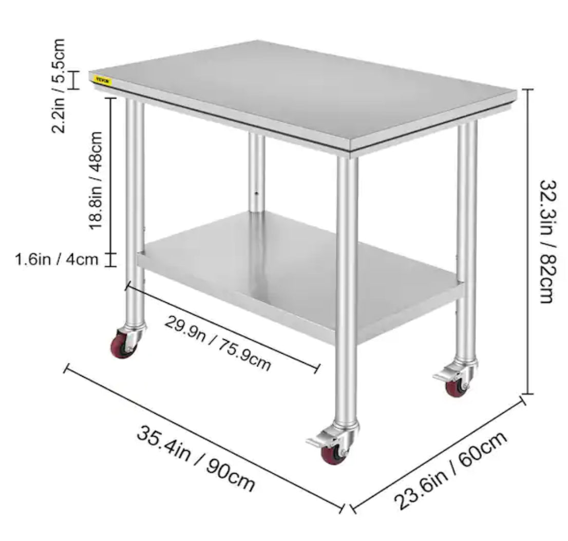 Stainless Steel Rolling Table 35.4 x 23.6 in. Kitchen Prep Table with 4 Wheels Kitchen Utility Table, Silver