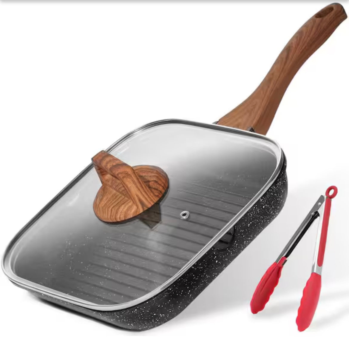 3-Piece 11 in. Black Non-Stick Steel Grill Pan Set with Lid and Tong, Square Grilling Skillet Steak Pan for Stove Tops