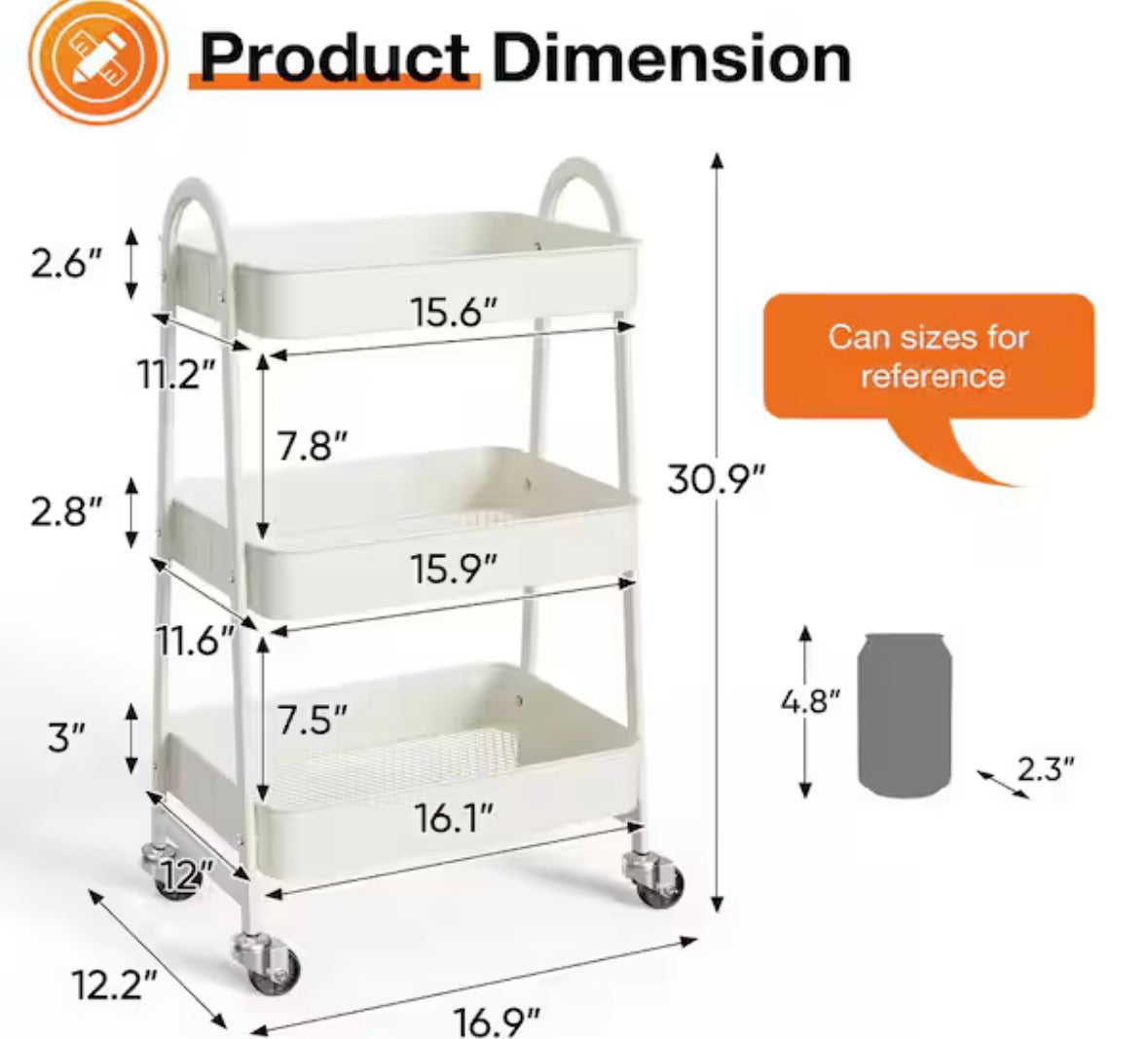 3 Tier Small Rolling Cart, Metal Utility Storage Organizer Kitchen Trolley Bathroom Laundry Room Bar Office Shelves