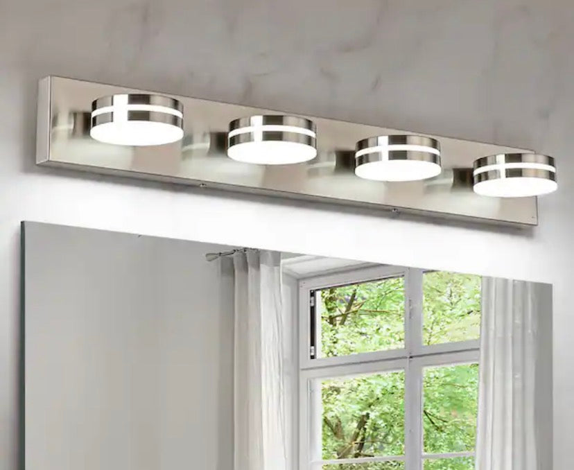 30 in. 4-Light Nickel LED Vanity Light with Dimmable 5500K Light and 270° Swivel Range Acrylic Lampshade