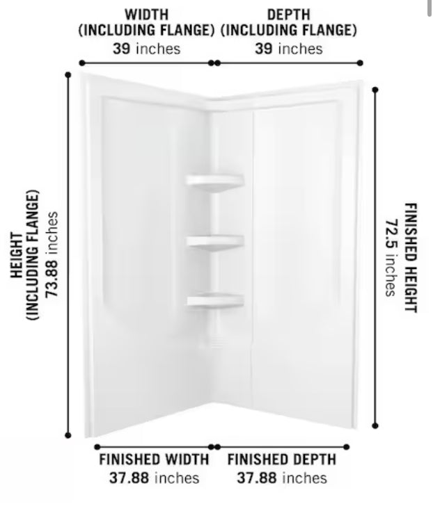 38 in. W x 73.88 in. H 2-Piece Direct-to-Stud Corner Shower Wall Surrounds in White