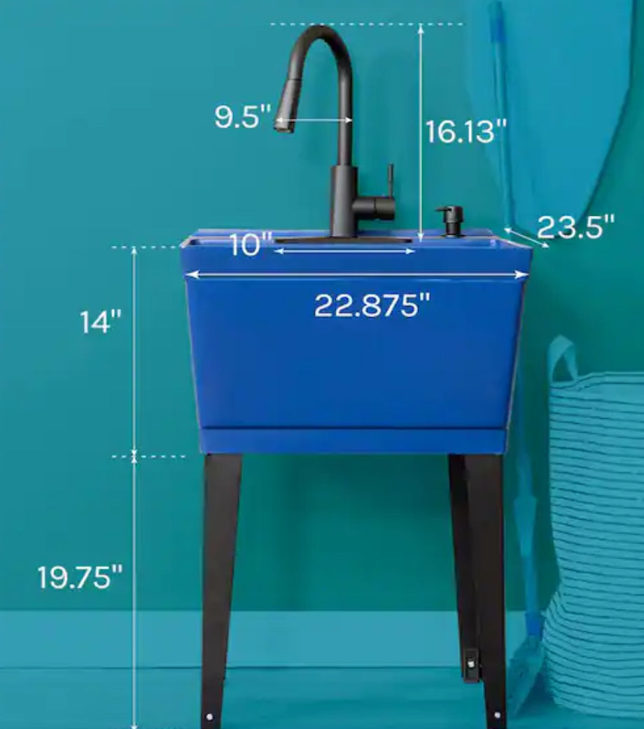 Complete 22.875 in. x 23.5 in. Blue 19 gal. Utility Sink Set with Black Metal Hybrid Faucet and Soap Dispenser