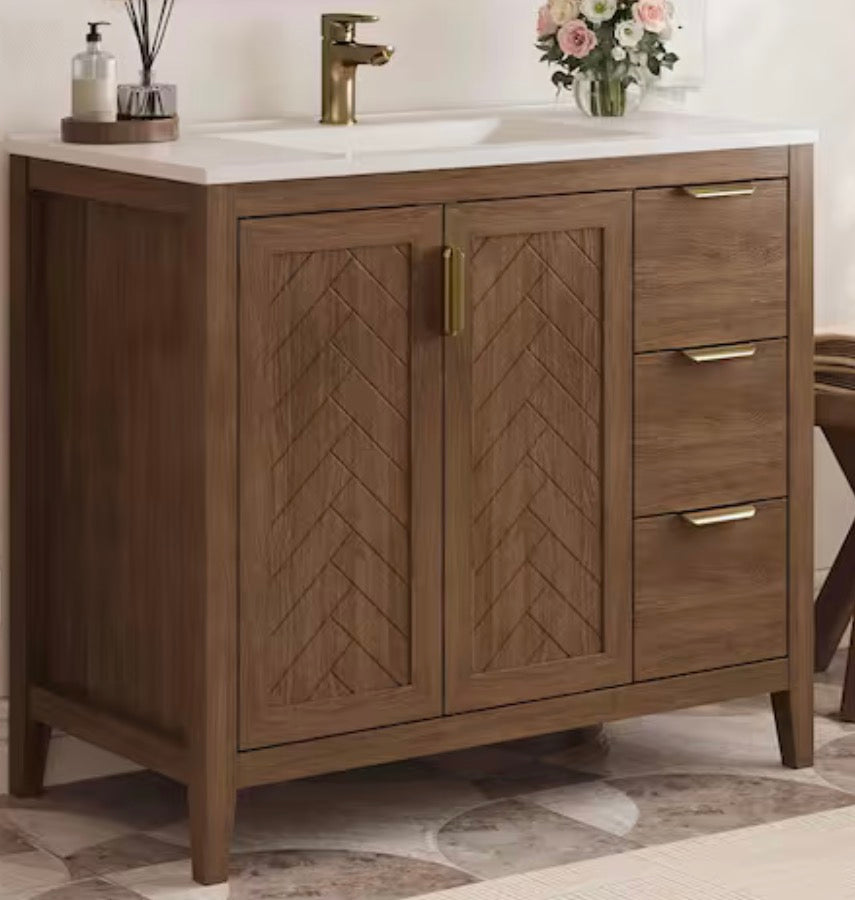 Barton 37 in.W Single Sink Brown Freestanding Bath Vanity with White Engineered Solid Surface Top Unassembled