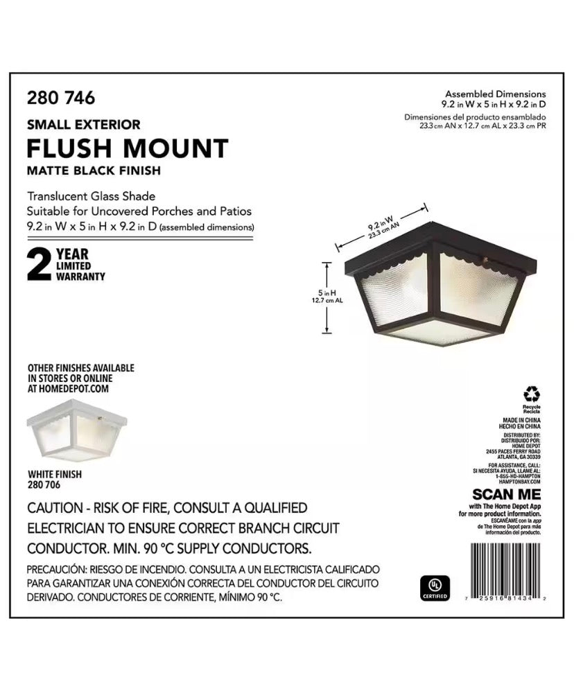 2-Light Matte Black Outdoor Ceiling Light Flush Mount Light