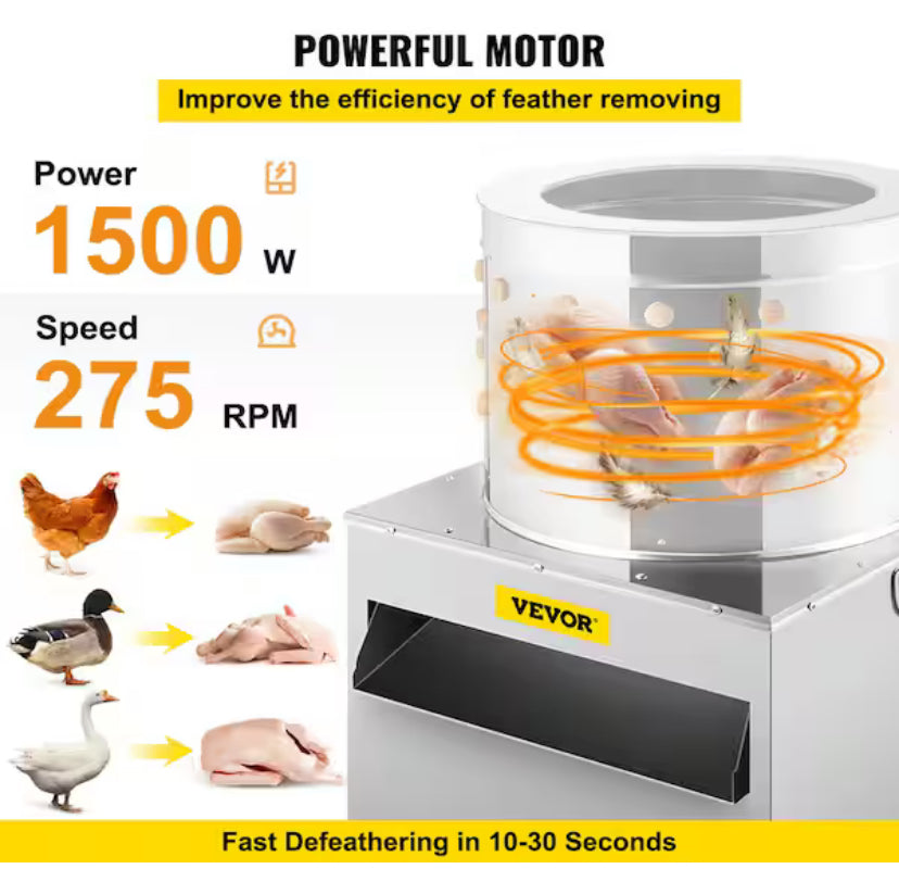 Stainless Steel Chicken Plucker 20 in. Barrel Diameter De-Feather Remove Poultry Machine 1500-Watt 275R Barrel Diameter