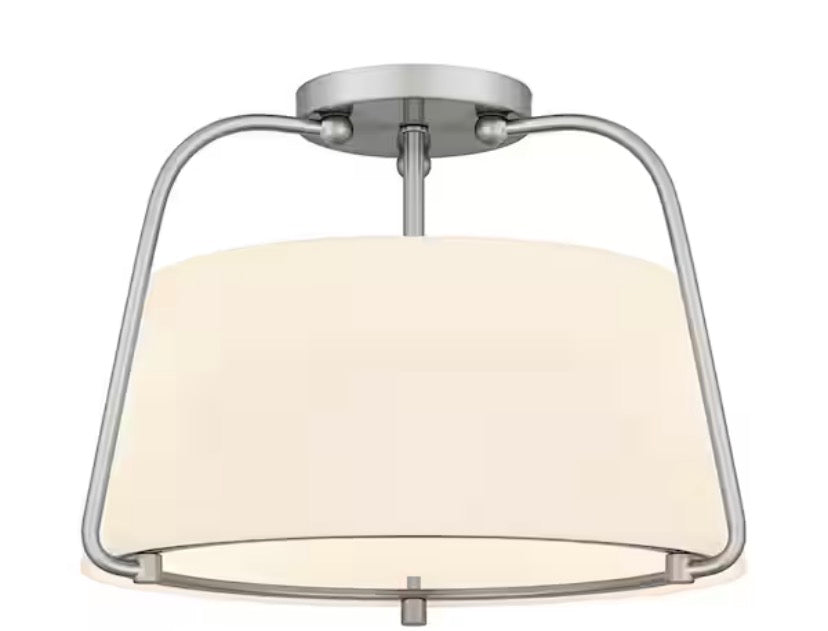 Corbin 15 in. 2-Light Brushed Nickel Transitional Semi-Flush Mount with White Opal Glass Shade