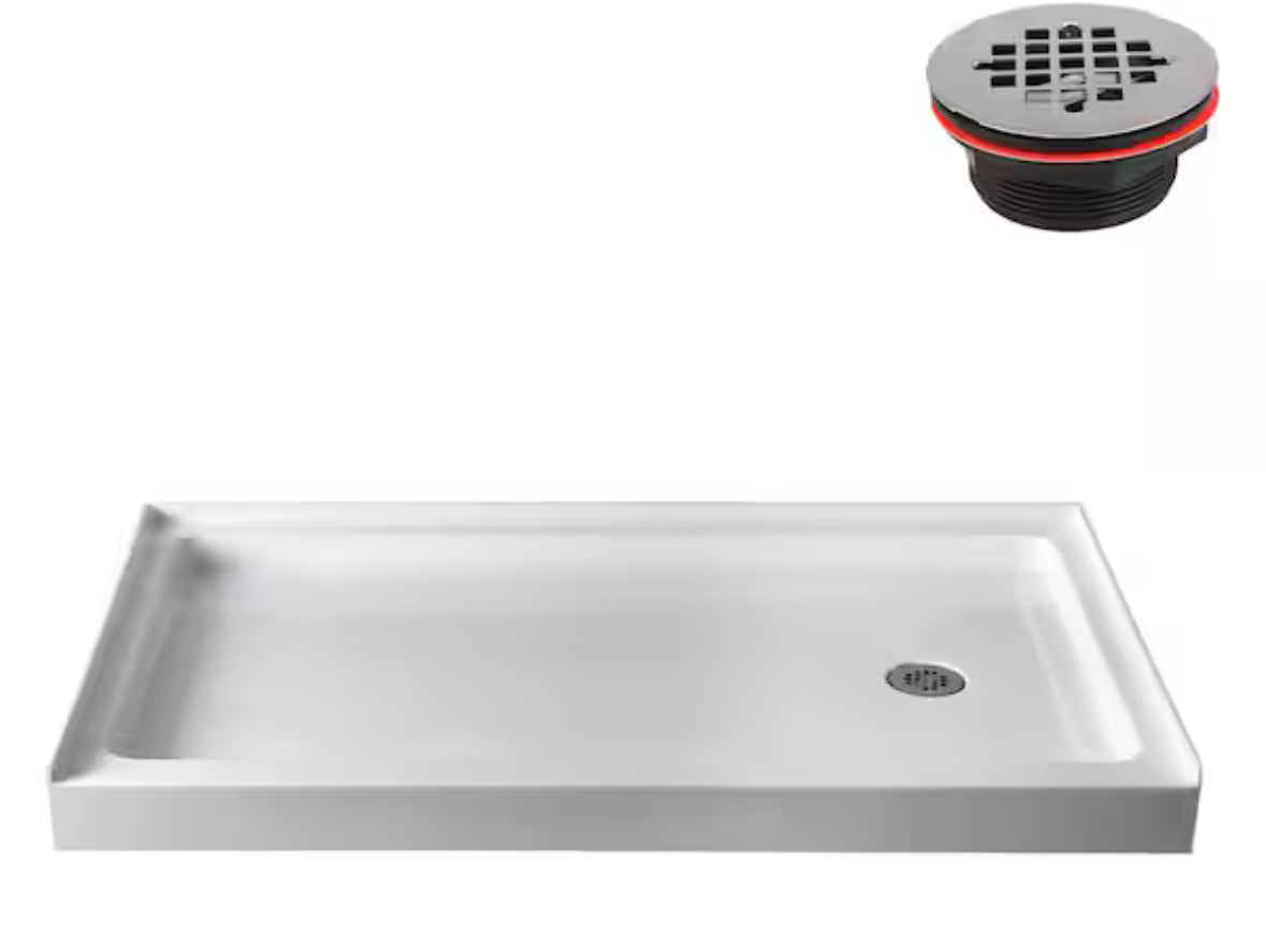60 in. L x 36 in. W Alcove Acrylic Shower Pan Base in Glossy White with Right Drain, Drain Included