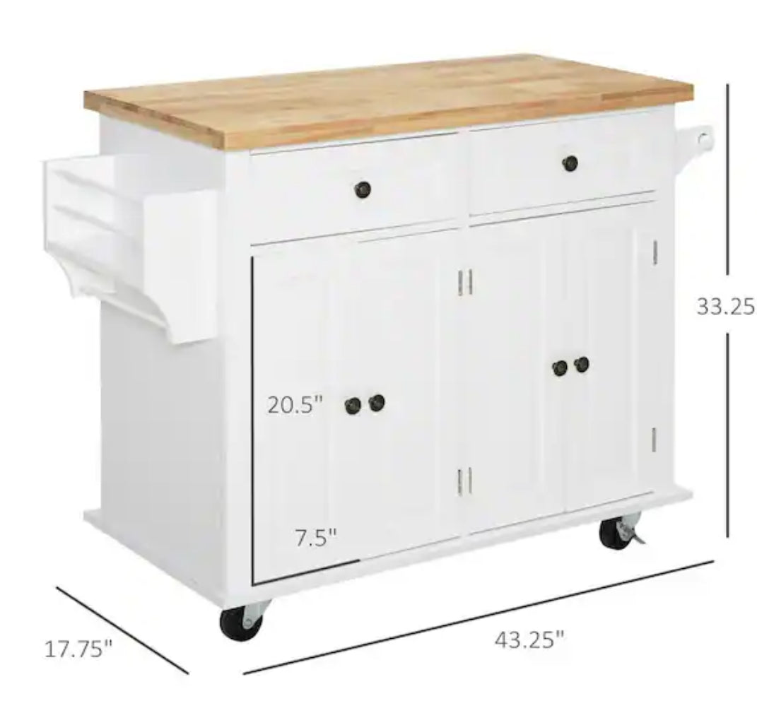 Rolling White Kitchen Island Cart with Rubberwood Top, Spice Rack, Towel Rack, and Drawers