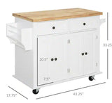Rolling White Kitchen Island Cart with Rubberwood Top, Spice Rack, Towel Rack, and Drawers