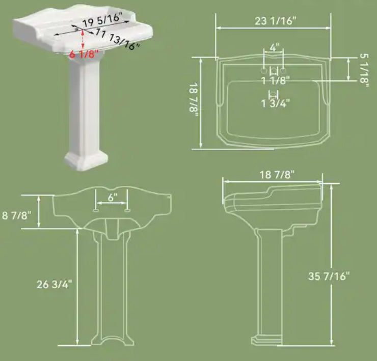 23 in. White Vitreous China Rectangular Pedestal Bathroom Sink With Overflow