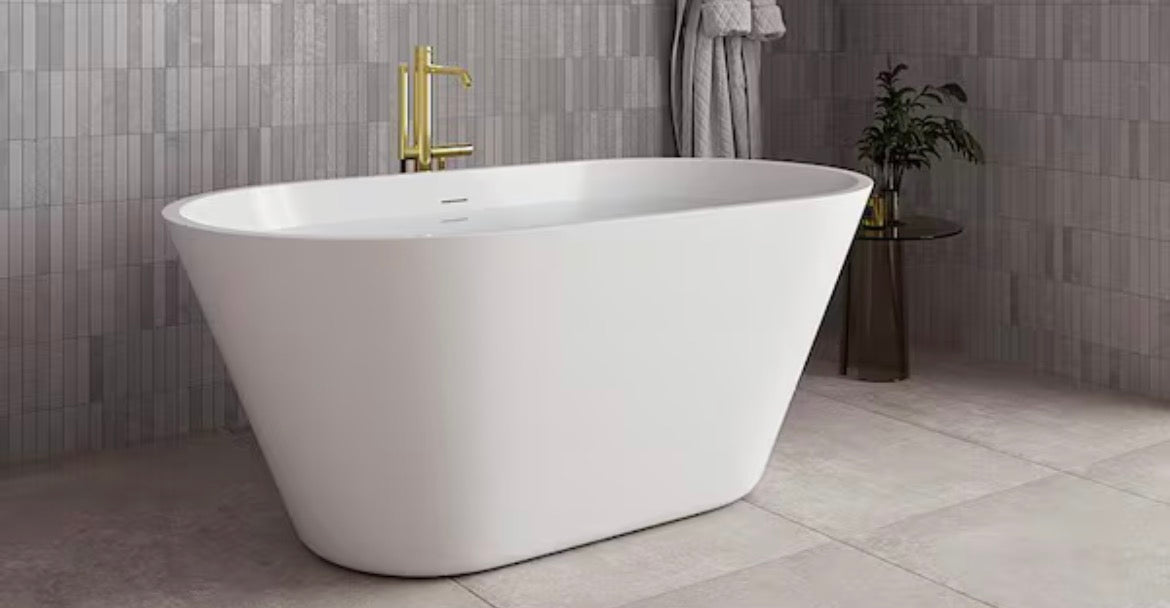 54 in. x 30 in. Acrylic Freestanding Soaking Bathtub in Glossy White with Polished Brass Drain
